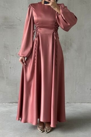Waist-Tie Balloon Sleeve Satin Hijab Evening Dress Powder