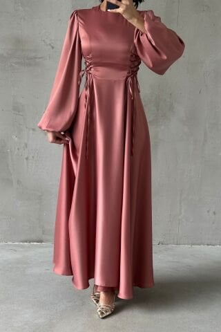 Belden Bağlamalı Balon Kol Saten Tesettür Abiye Pudra