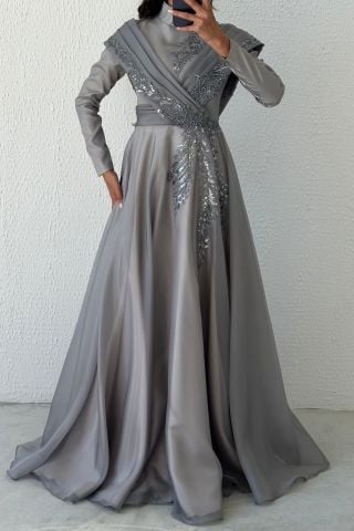 Embroidered Organza Hijab Evening Dress Gray
