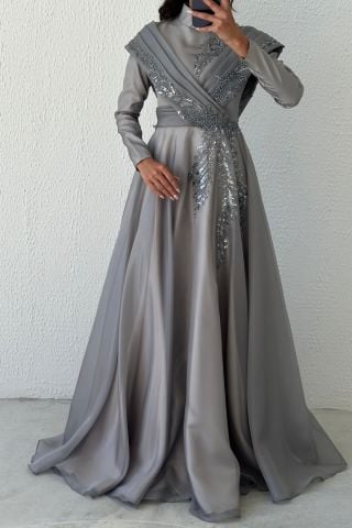 Embroidered Organza Hijab Evening Dress Gray