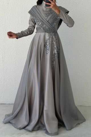 Embroidered Organza Hijab Evening Dress Gray