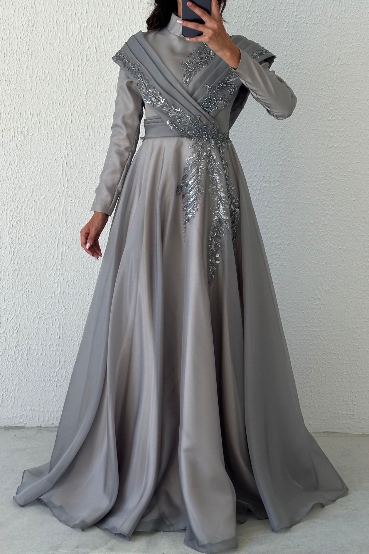 Embroidered Organza Hijab Evening Dress Gray