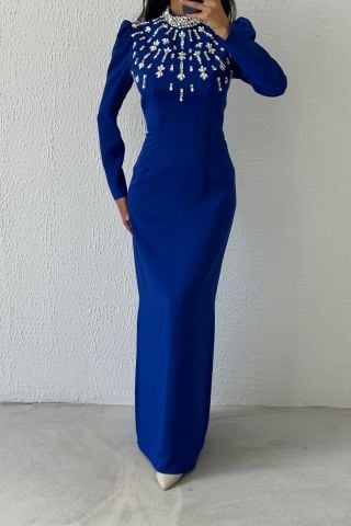 Işıldayan Zarafet: Taş Detaylı Saten Tesettür Abiye Saks Mavisi