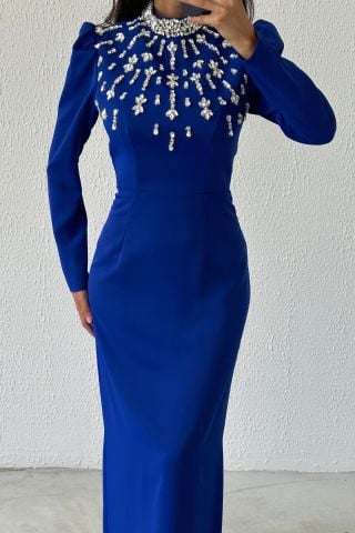 Shining Elegance: Stone Detailed Satin Hijab Evening Dress Saks Blue