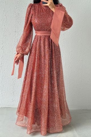 Stylish Design Silvery Belted Hijab Evening Dress Orange