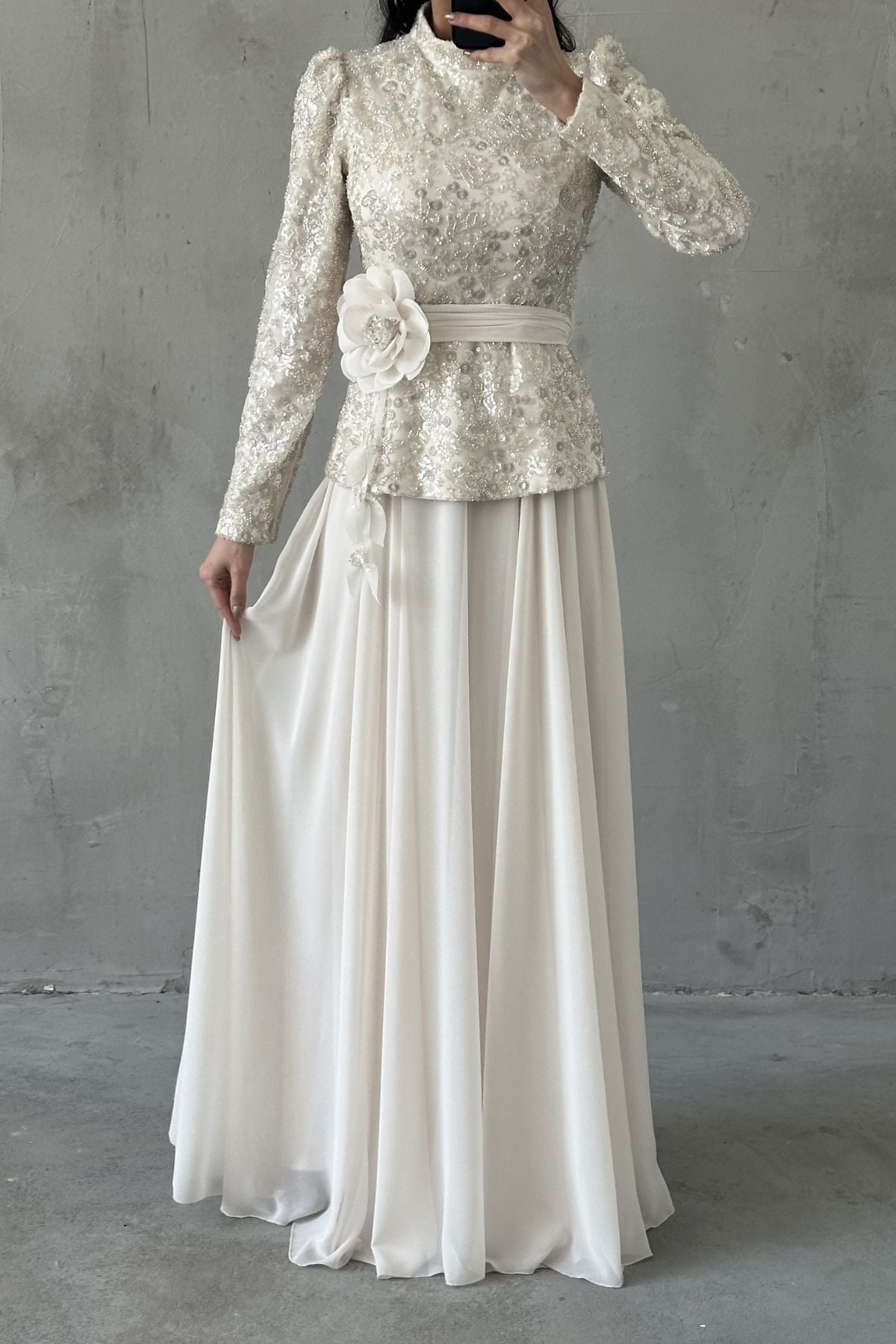 Nare Tesettür Abiye Ekru