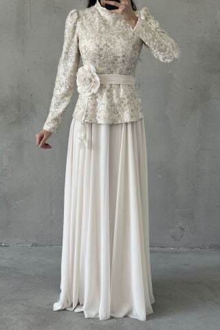 Nare Tesettür Abiye Ekru