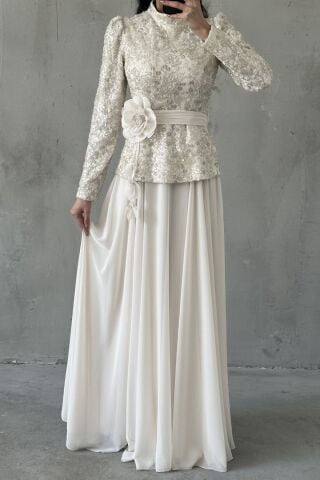 Nare Tesettür Abiye Ekru