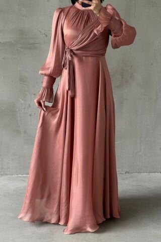 Işıltılı Kol Ve Bel Detaylı Tesettür Abiye Gül Kurusu