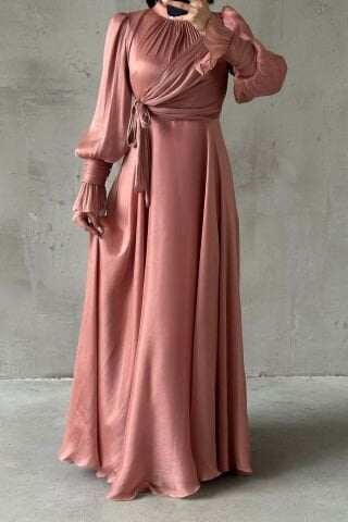 Işıltılı Kol Ve Bel Detaylı Tesettür Abiye Gül Kurusu