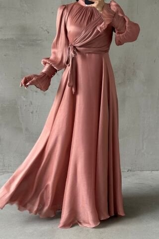 Işıltılı Kol Ve Bel Detaylı Tesettür Abiye Gül Kurusu