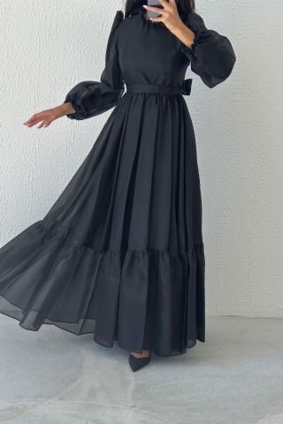 Sade Organze Tesettür Abiye Siyah
