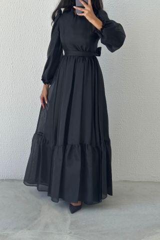 Sade Organze Tesettür Abiye Siyah