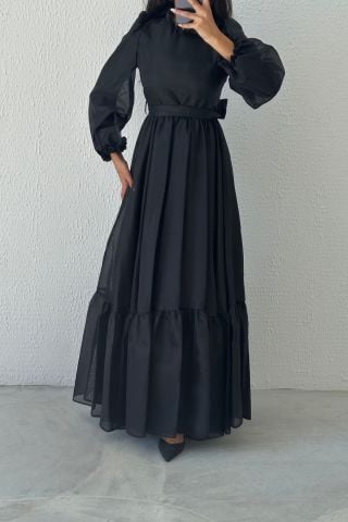 Sade Organze Tesettür Abiye Siyah