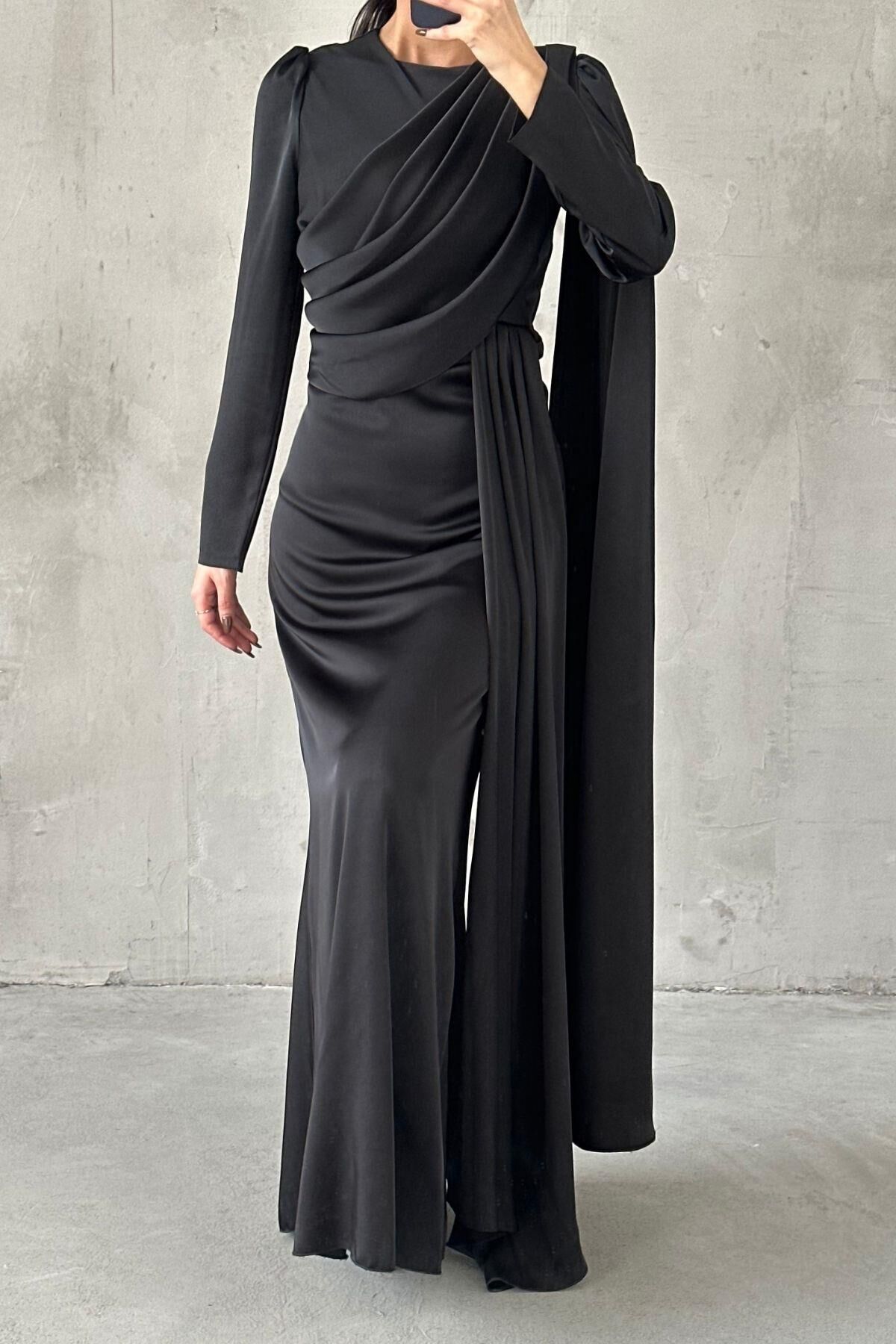 Lavina Satin Modest Evening Dress Black