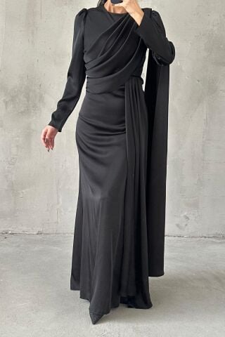 Lavina Satin Modest Evening Dress Black