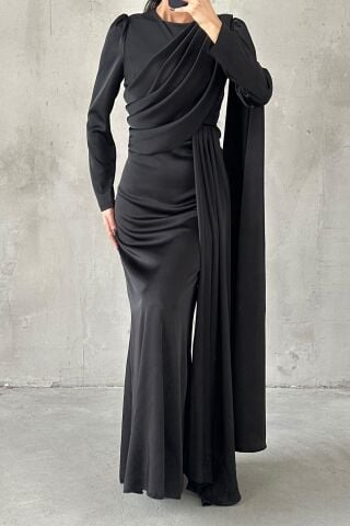 Lavina Satin Modest Evening Dress Black