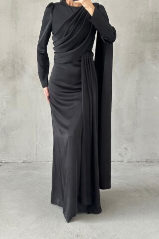Lavina Satin Modest Evening Dress Black