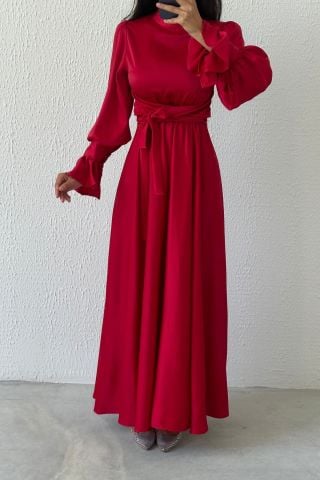 Volan Kol Detaylı Saten Tesettür Abiye Kırmızı