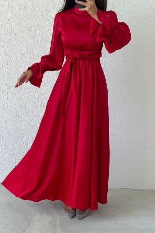 Satin Hijab Evening Dress Red with Flounce Sleeve Detail