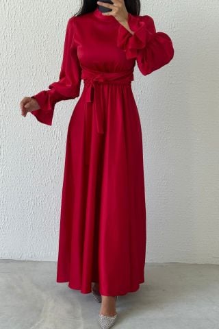 Volan Kol Detaylı Saten Tesettür Abiye Kırmızı