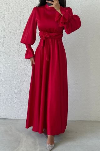 Volan Kol Detaylı Saten Tesettür Abiye Kırmızı