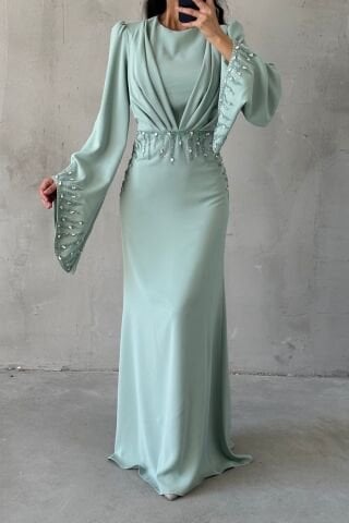 Işıltı Detaylı Adriyana Tesettür Abiye Mint Yeşili