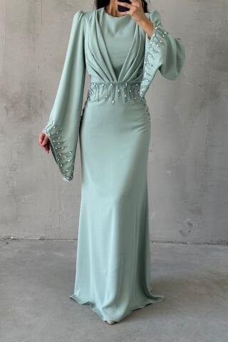 Işıltı Detaylı Adriyana Tesettür Abiye Mint Yeşili