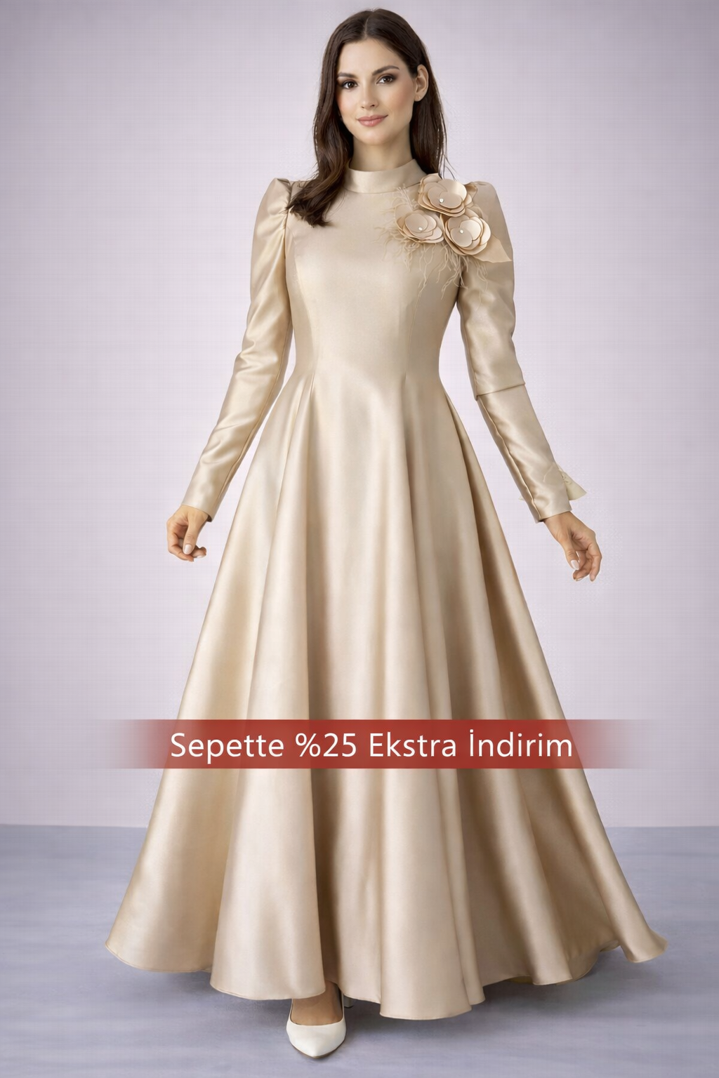 Broş Detaylı Asil Saten Tesettür Abiye Gold