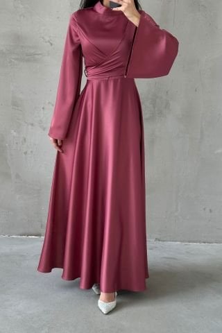Basic Flounce Sleeve Satin Hijab Evening Dress Dusty Rose
