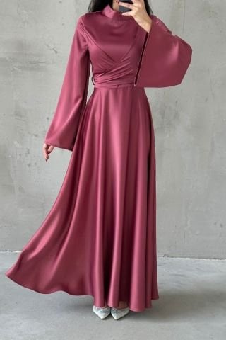 Basic Volan Kol Saten Tesettür Abiye Gül Kurusu