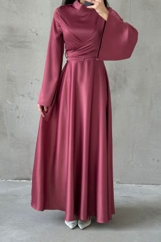 Basic Volan Kol Saten Tesettür Abiye Gül Kurusu