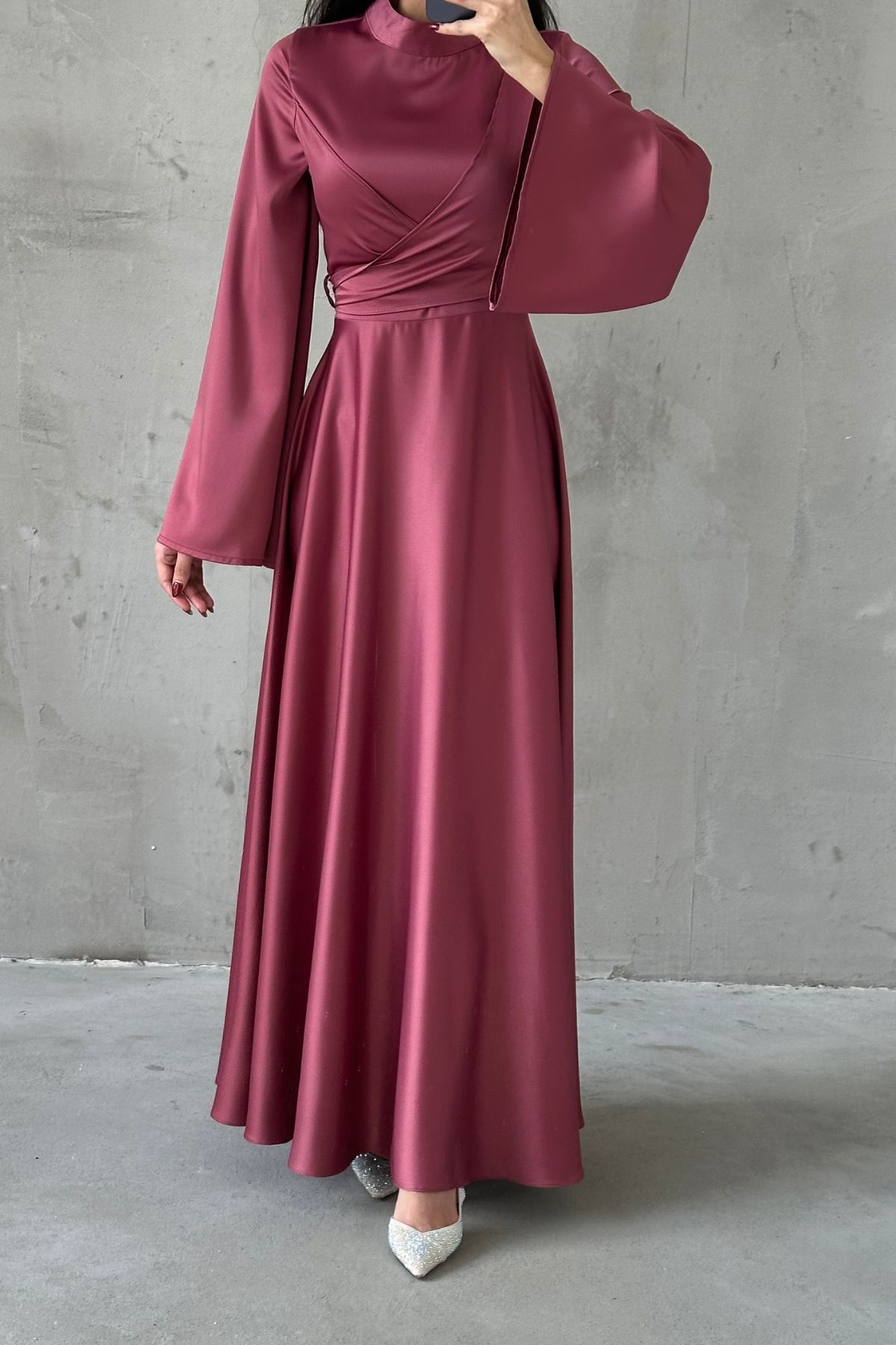 Basic Flounce Sleeve Satin Hijab Evening Dress Dusty Rose