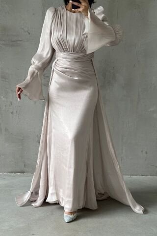 Drape Ve Pelerin Detaylı Janjan Tesettür Abiye Taş