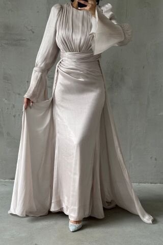 Drape Ve Pelerin Detaylı Janjan Tesettür Abiye Taş
