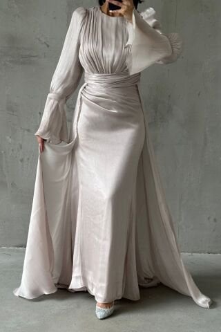 Drape Ve Pelerin Detaylı Janjan Tesettür Abiye Taş