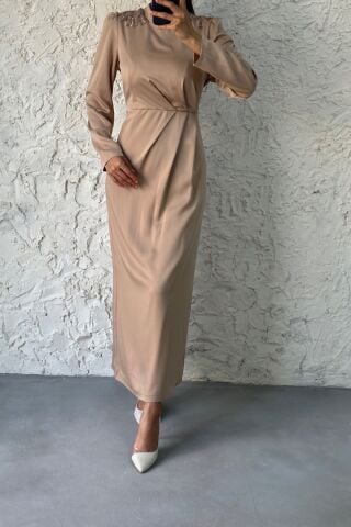 Etkileyici Kalıp Taş Saten Tesettür Elbise