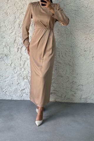 Etkileyici Kalıp Taş Saten Tesettür Elbise