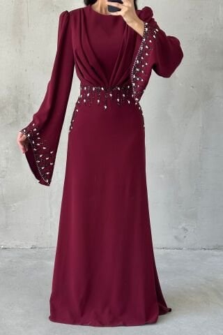 Işıltı Detaylı Adriyana Tesettür Abiye Bordo