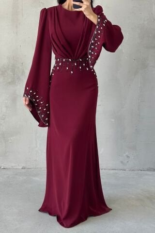 Adriyana Hijab Evening Dress with Sparkle Details, Burgundy