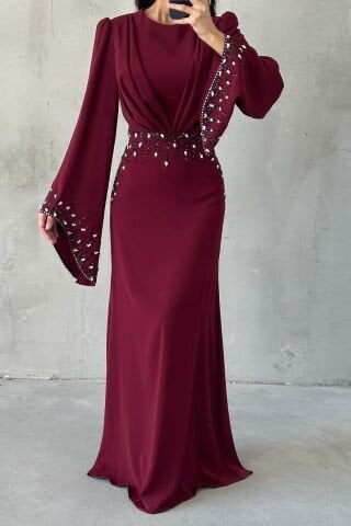 Işıltı Detaylı Adriyana Tesettür Abiye Bordo