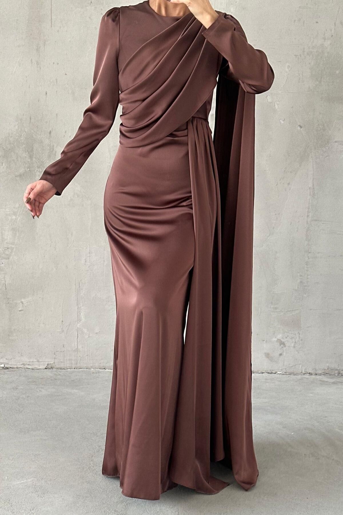 Lavina Satin Modest Evening Dress Brown