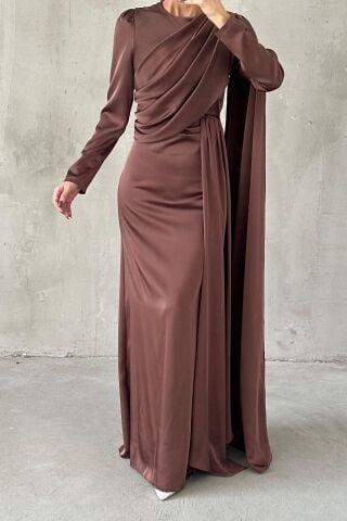 Lavina Satin Modest Evening Dress Brown