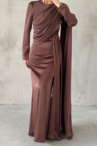 Lavina Satin Modest Evening Dress Brown