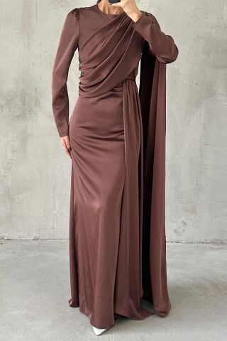 Lavina Satin Modest Evening Dress Brown