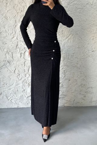 Fish Model, Stoned Knitted Glitter Hijab Evening Dress Black 36