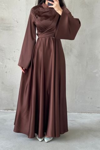 Basic Flounce Sleeve Satin Hijab Evening Dress Brown