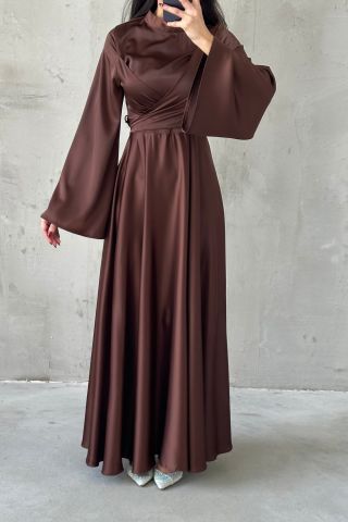 Basic Flounce Sleeve Satin Hijab Evening Dress Brown