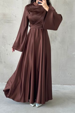 Basic Flounce Sleeve Satin Hijab Evening Dress Brown