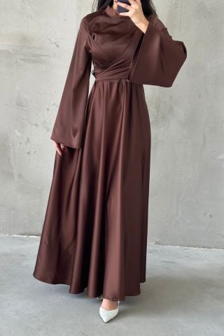 Basic Flounce Sleeve Satin Hijab Evening Dress Brown